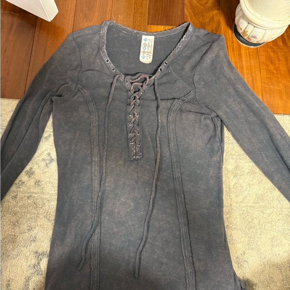 Free People Charcoal Lace-Up Long Sleeve Top